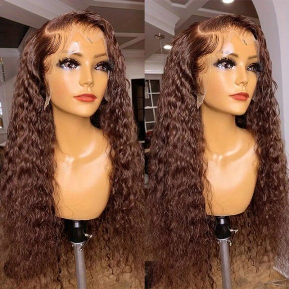 180% Chocolate Brown 13×4 Lace Front Deep Wave Curly Lace Front Human Hair Wig - Picture 6 of 7